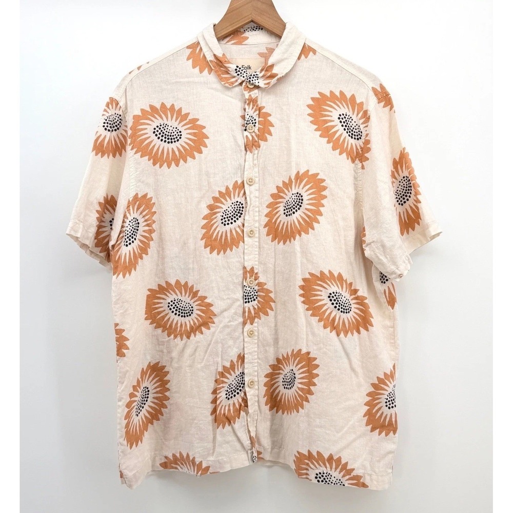 Folk Sunflower Print Short Sleeve Shirt Mens M Cream Tan Linen Blend Casual